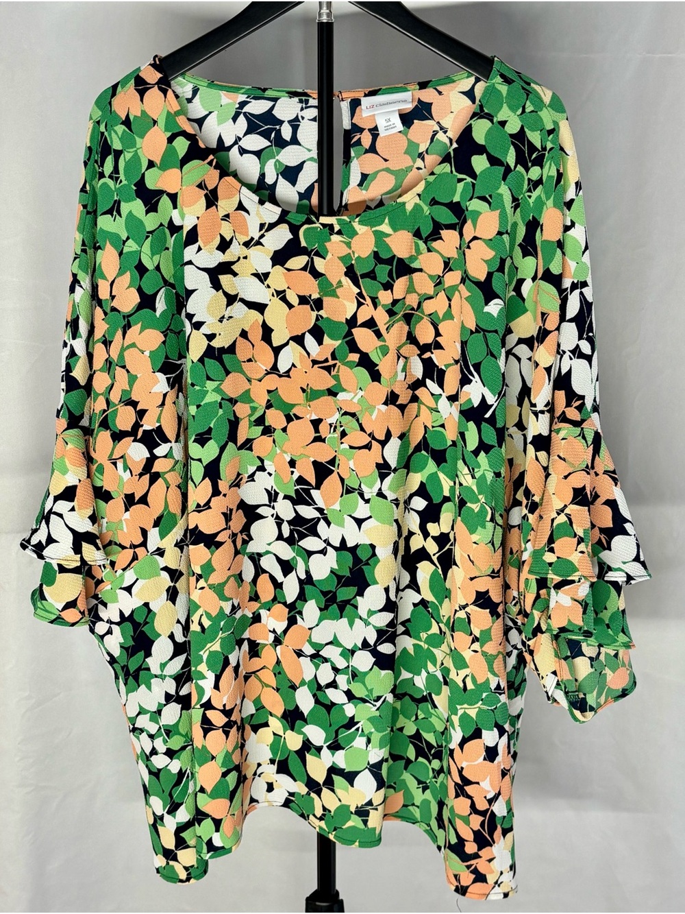 Liz Claiborne Green Peach Black White Leaf Print Tunic Plus Size Short Sleeve